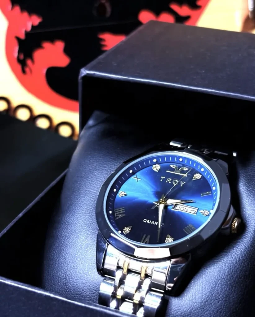 TROY quartz watch with a blue dial and two-tone steel bracelet in a black gift box